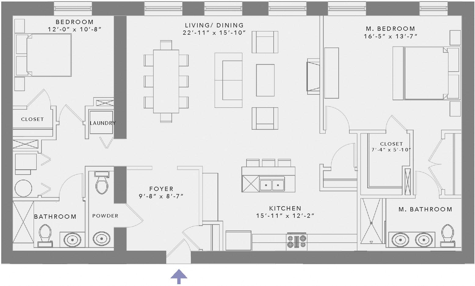 Floor plan for 2 beds, 2.5 baths, 1300 sqft